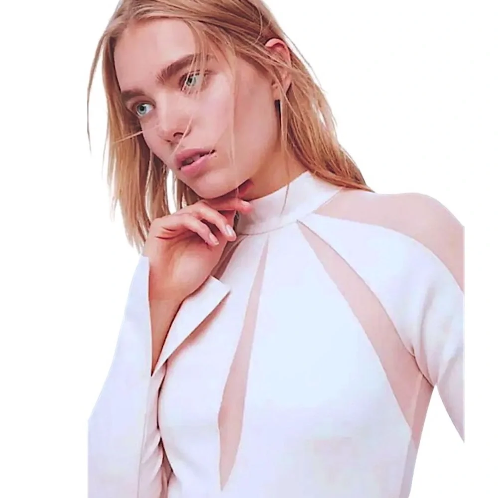 Free People Mesh Interrupted Top Medium 8 Ivory Slit Cuffs Exposed Back Zip NWT